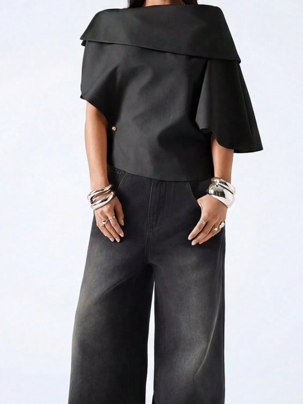 Dark Grey Casual Women's Asymmetric Neck Short Sleeve Top